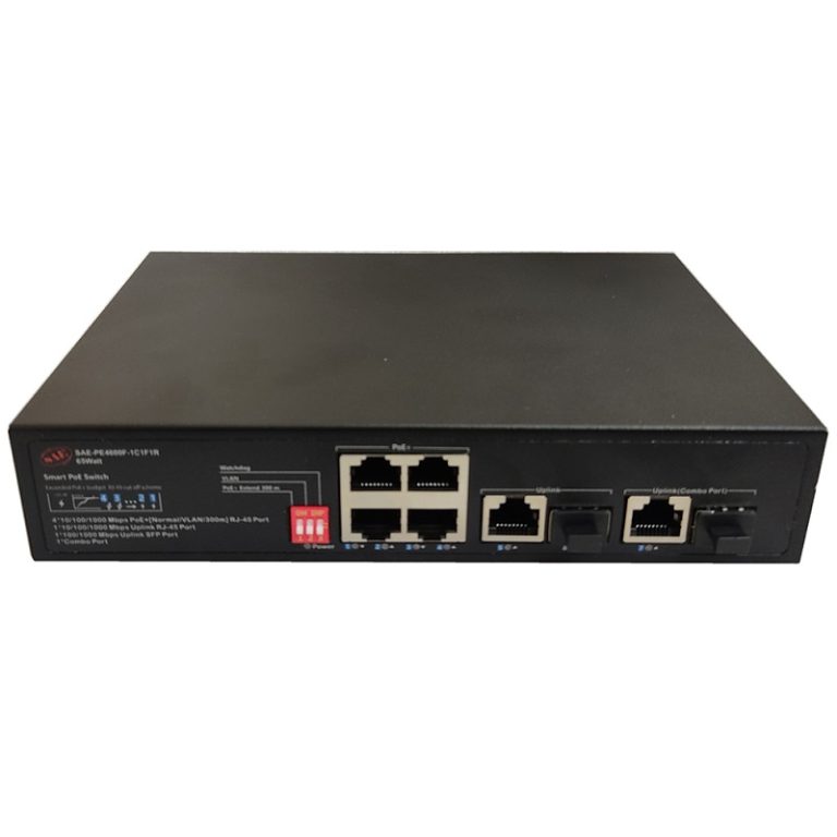 سوئیچ شبکه 4 پورت PoE گیگ اِس اِی ایی مدل SAE-PE4600F-1C1F1R